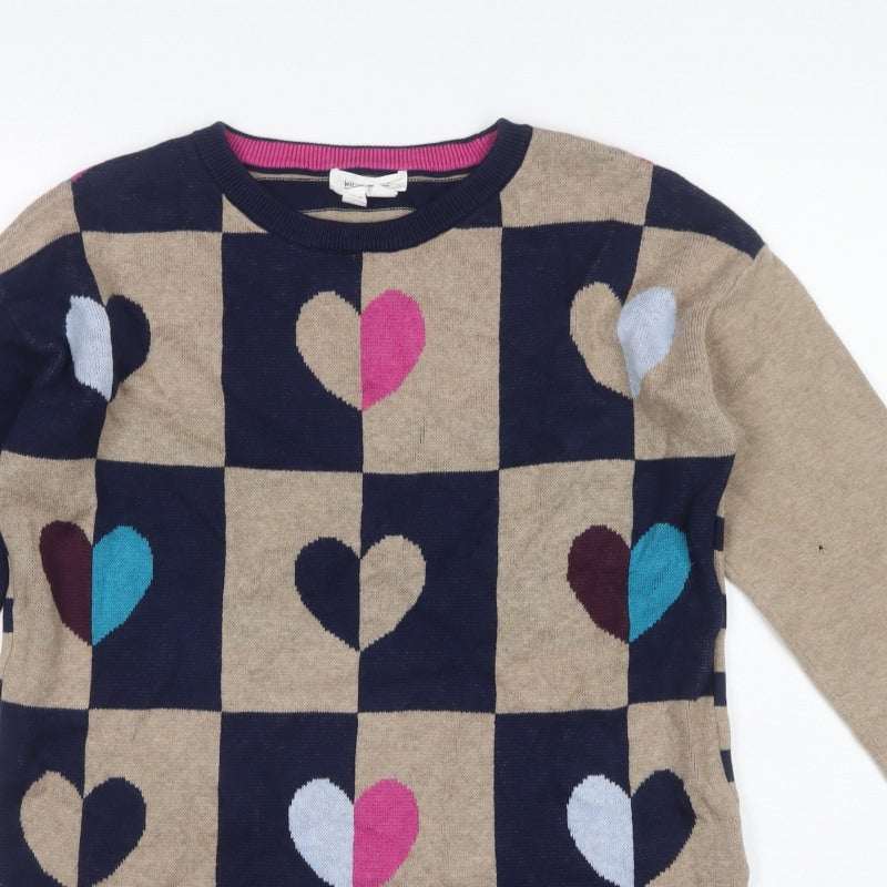 White Stuff Women’s Beige Navy Heart Check Knit Jumper UK 14