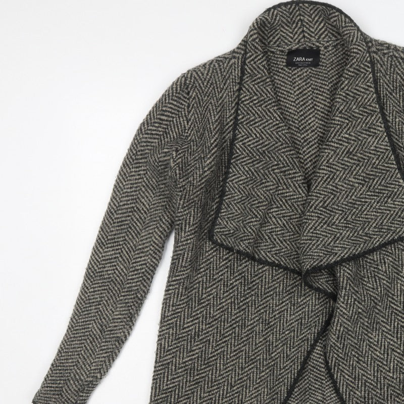 Zara Women Grey Herringbone Open Cardigan UK M Long Sleeve Knit