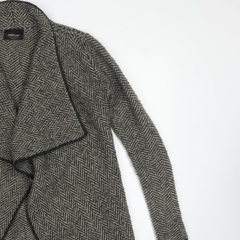 Zara Women Grey Herringbone Open Cardigan UK M Long Sleeve Knit
