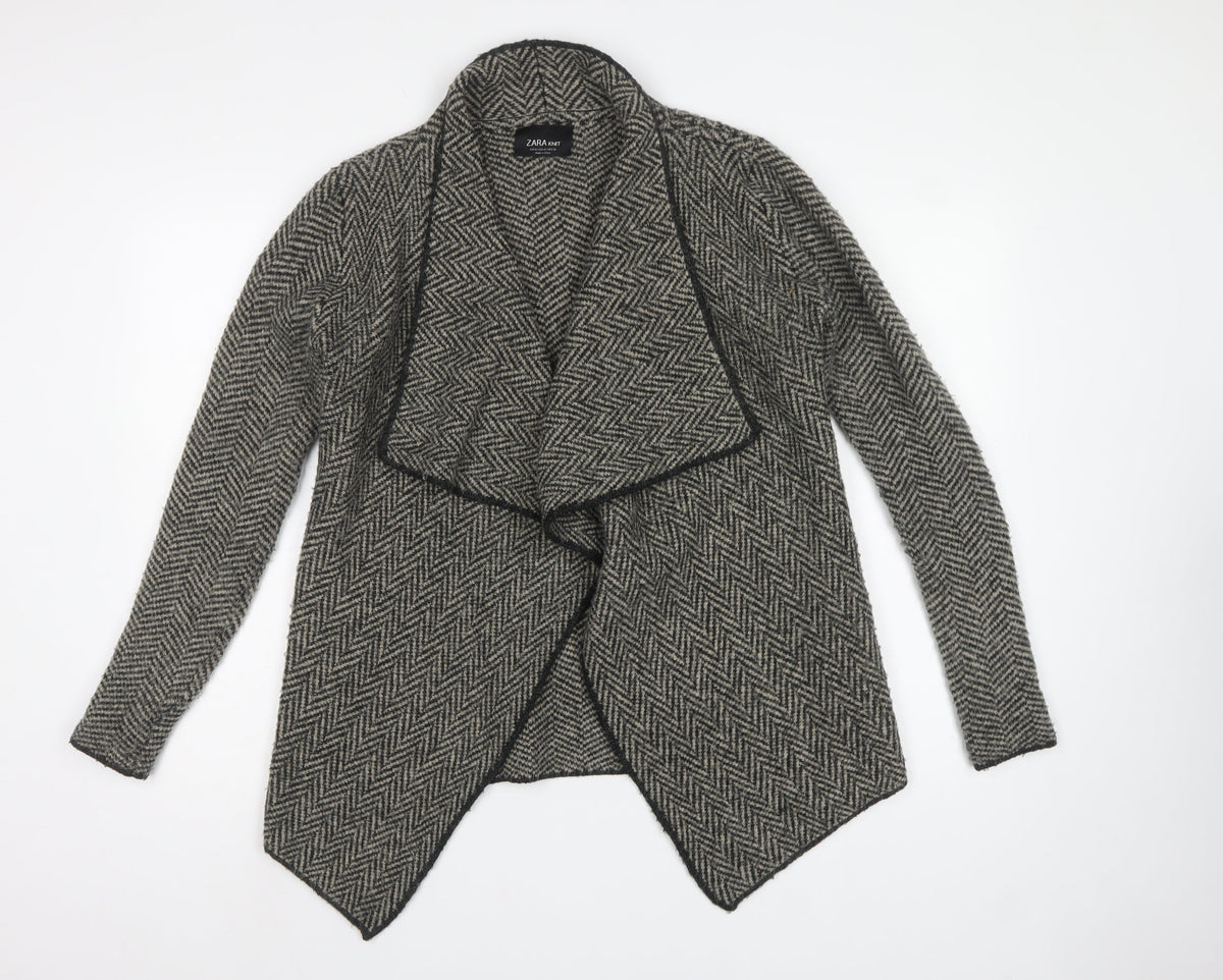 Zara Women Grey Herringbone Open Cardigan UK M Long Sleeve Knit