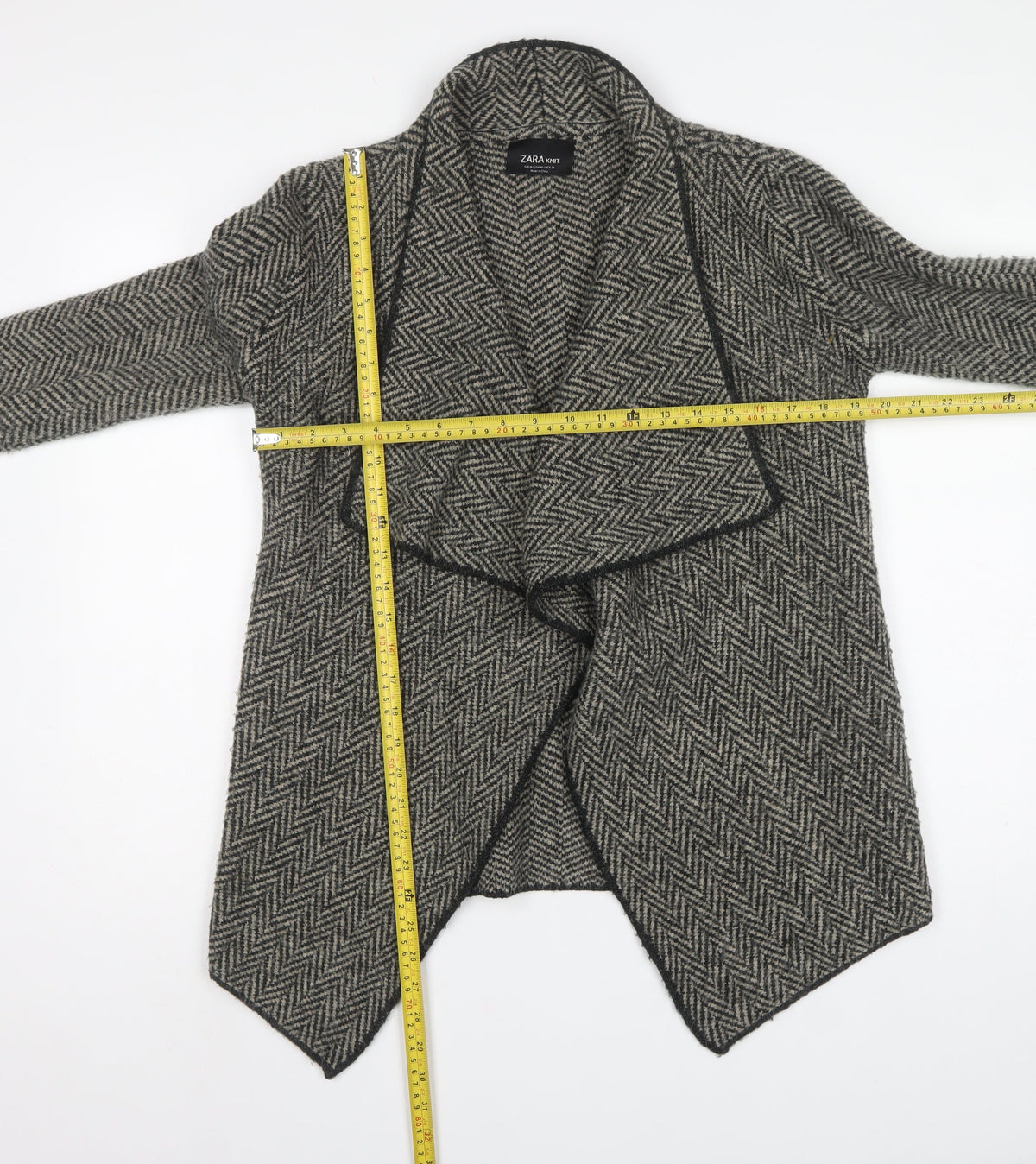 Zara Women Grey Herringbone Open Cardigan UK M Long Sleeve Knit