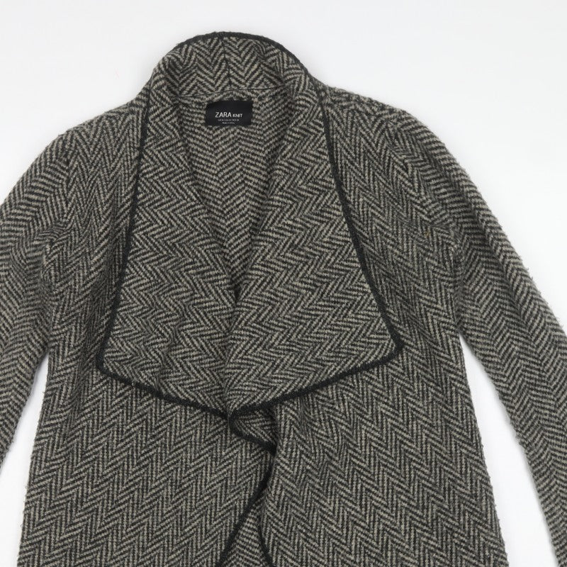 Zara Women Grey Herringbone Open Cardigan UK M Long Sleeve Knit