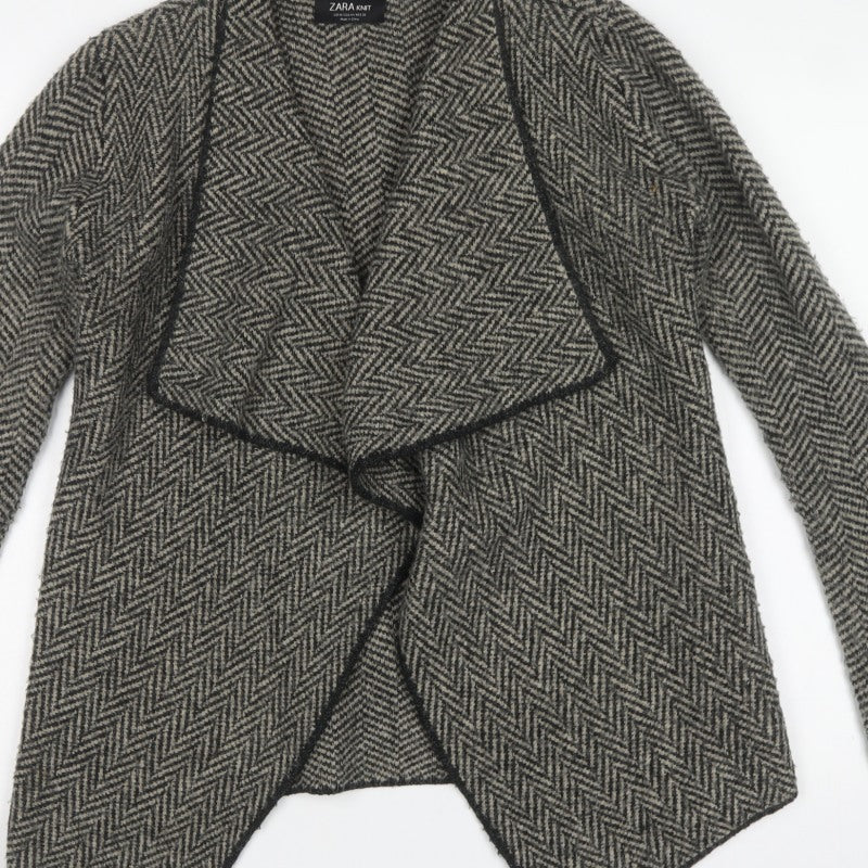 Zara Women Grey Herringbone Open Cardigan UK M Long Sleeve Knit