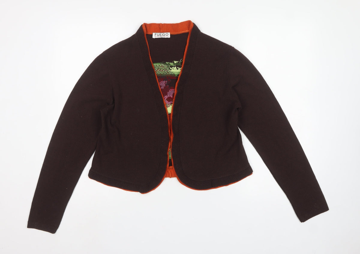 Fuego Woman Brown Floral Knit Open Cardigan XL Long Sleeve