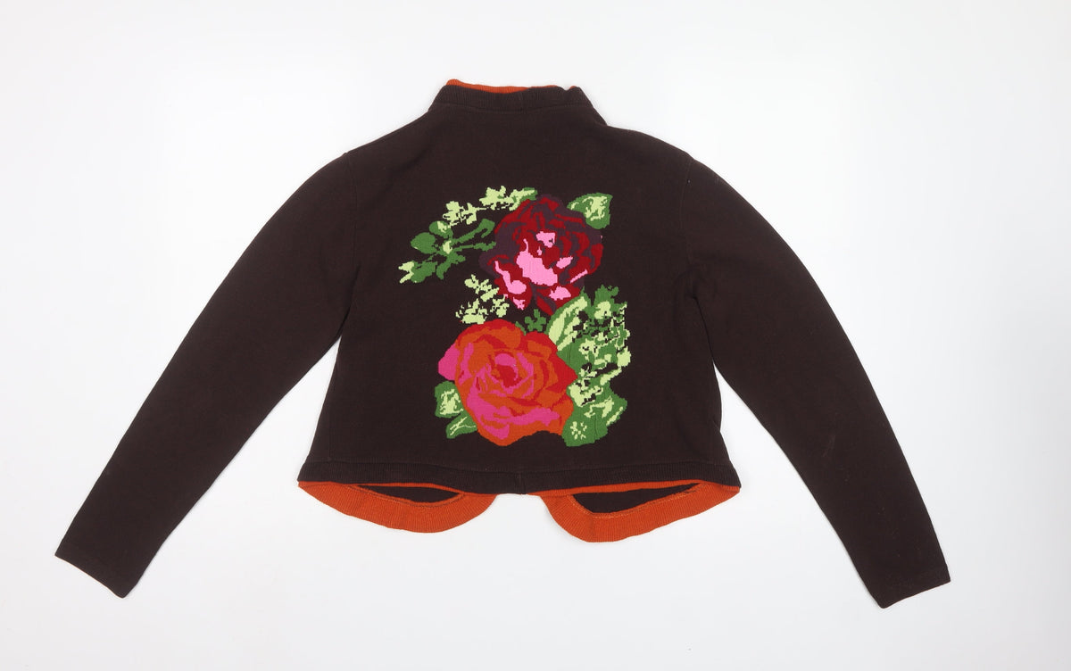 Fuego Woman Brown Floral Knit Open Cardigan XL Long Sleeve