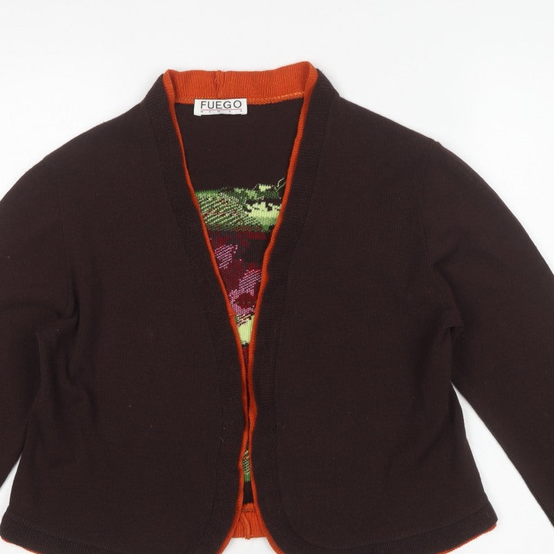 Fuego Woman Brown Floral Knit Open Cardigan XL Long Sleeve