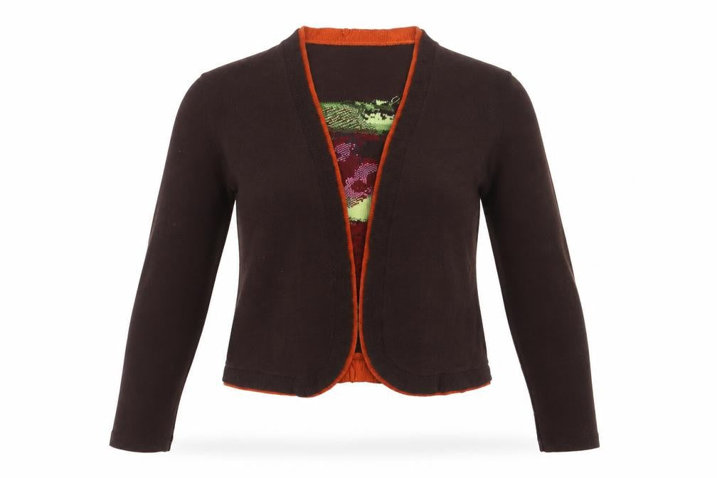 Fuego Woman Brown Floral Knit Open Cardigan XL Long Sleeve