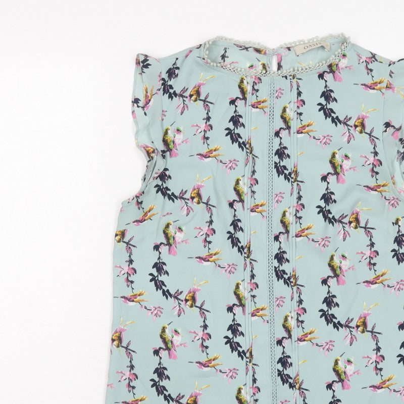Oasis Women Blue Floral Bird Sleeveless Crochet Trim Blouse UK 12