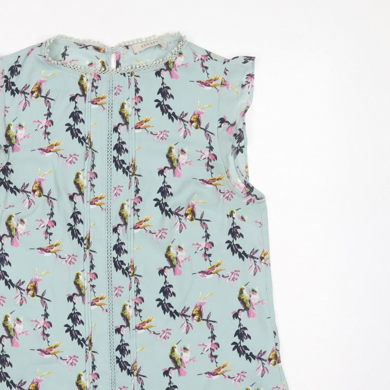 Oasis Women Blue Floral Bird Sleeveless Crochet Trim Blouse UK 12