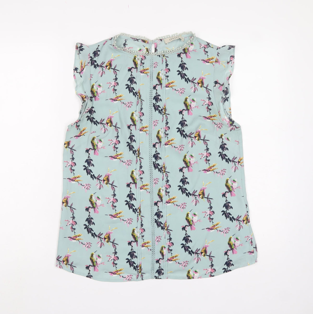 Oasis Women Blue Floral Bird Sleeveless Crochet Trim Blouse UK 12