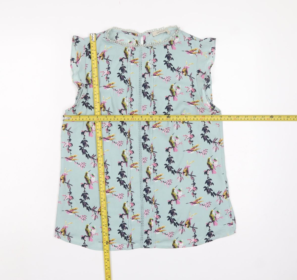 Oasis Women Blue Floral Bird Sleeveless Crochet Trim Blouse UK 12