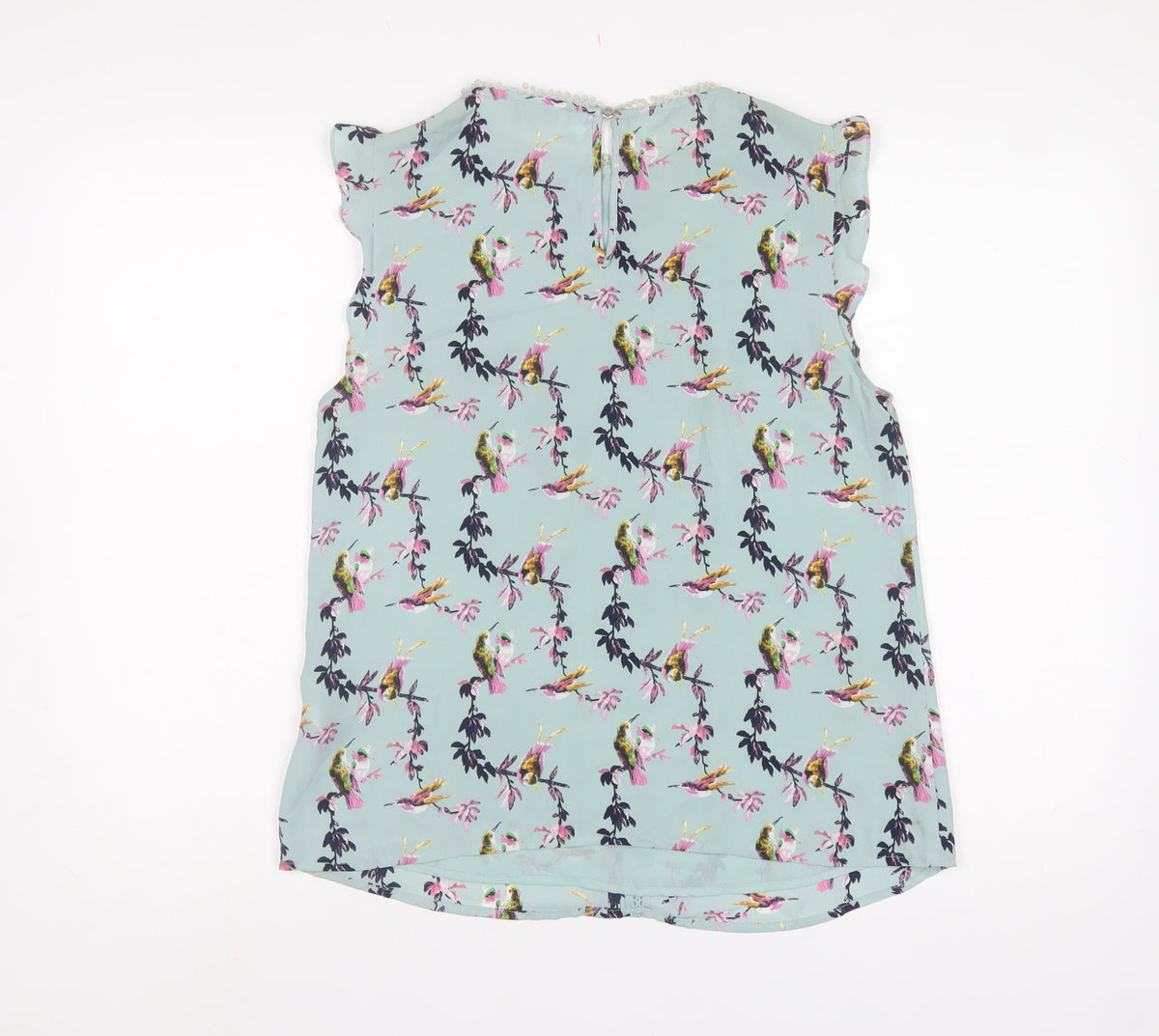 Oasis Women Blue Floral Bird Sleeveless Crochet Trim Blouse UK 12