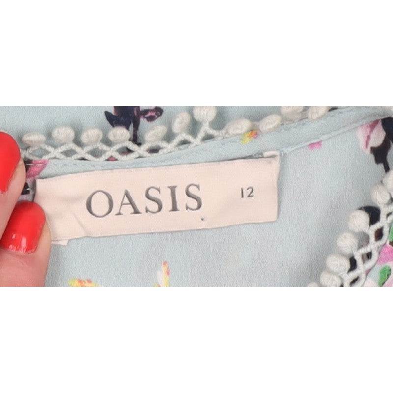 Oasis Women Blue Floral Bird Sleeveless Crochet Trim Blouse UK 12