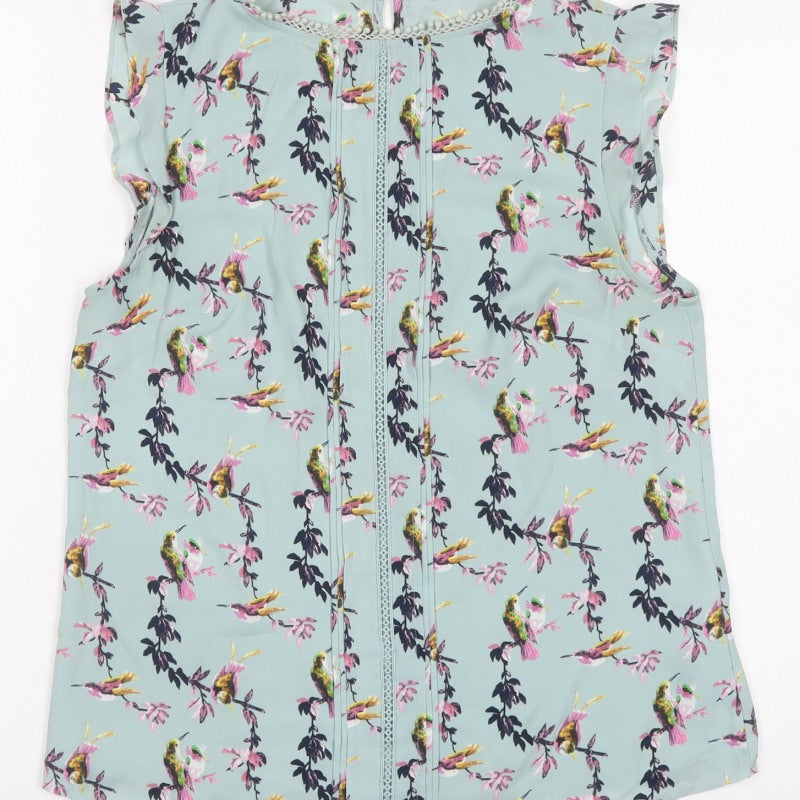 Oasis Women Blue Floral Bird Sleeveless Crochet Trim Blouse UK 12