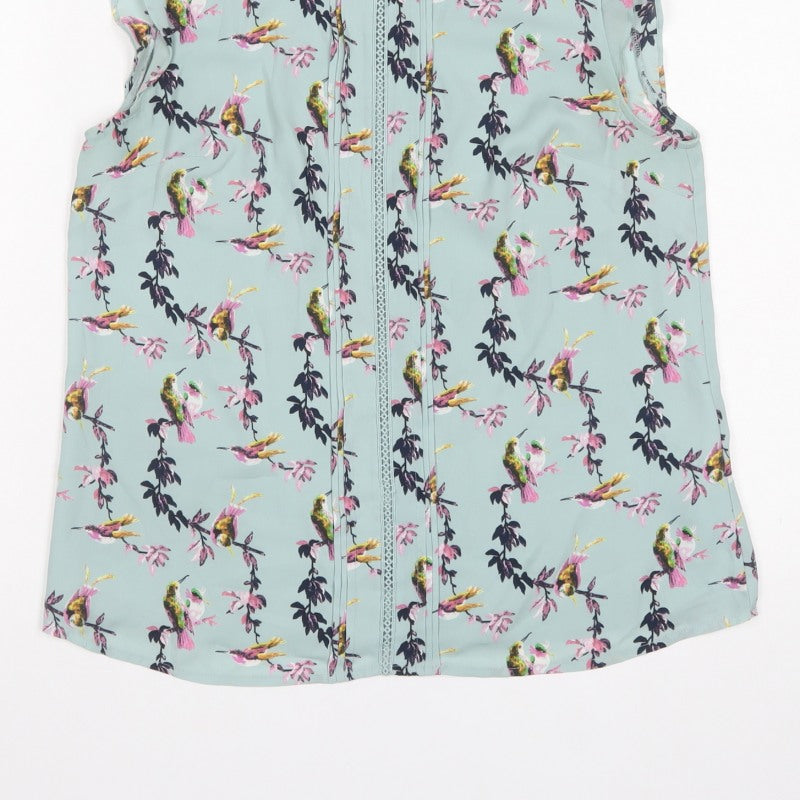 Oasis Women Blue Floral Bird Sleeveless Crochet Trim Blouse UK 12
