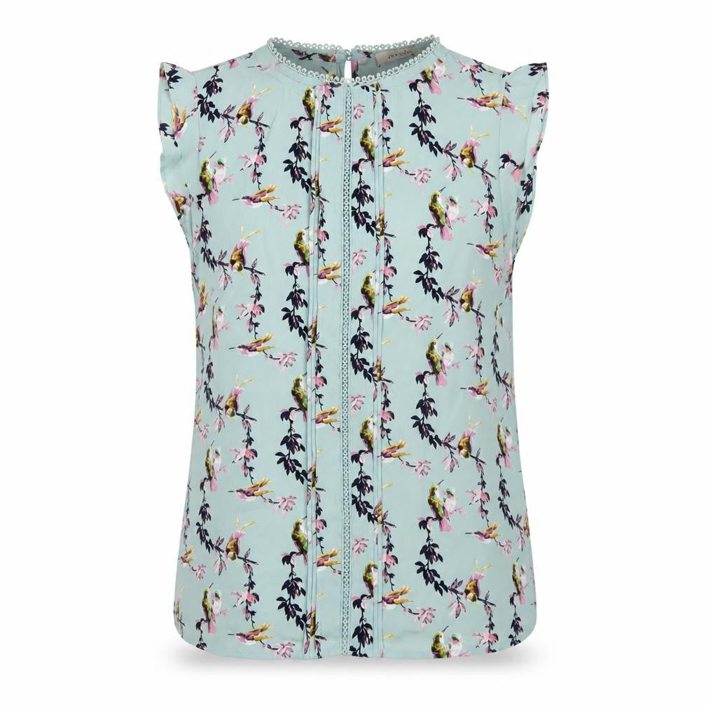 Oasis Women Blue Floral Bird Sleeveless Crochet Trim Blouse UK 12