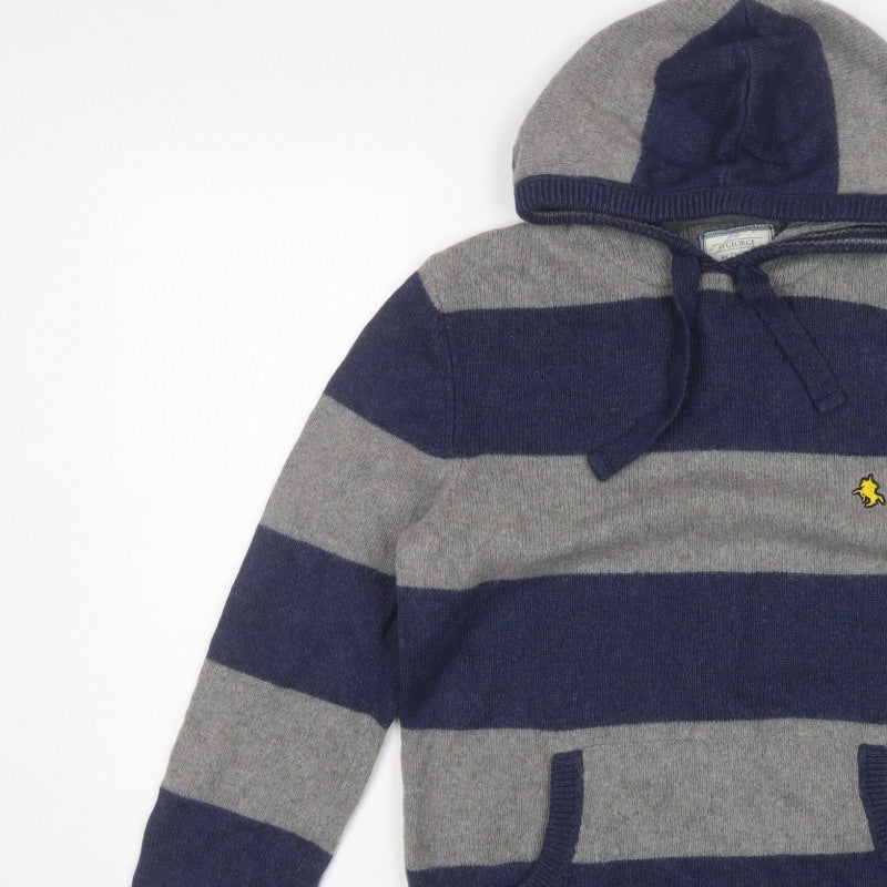 St George by Duffer Men's Blue Grey M Hooded Striped Knit Jumper