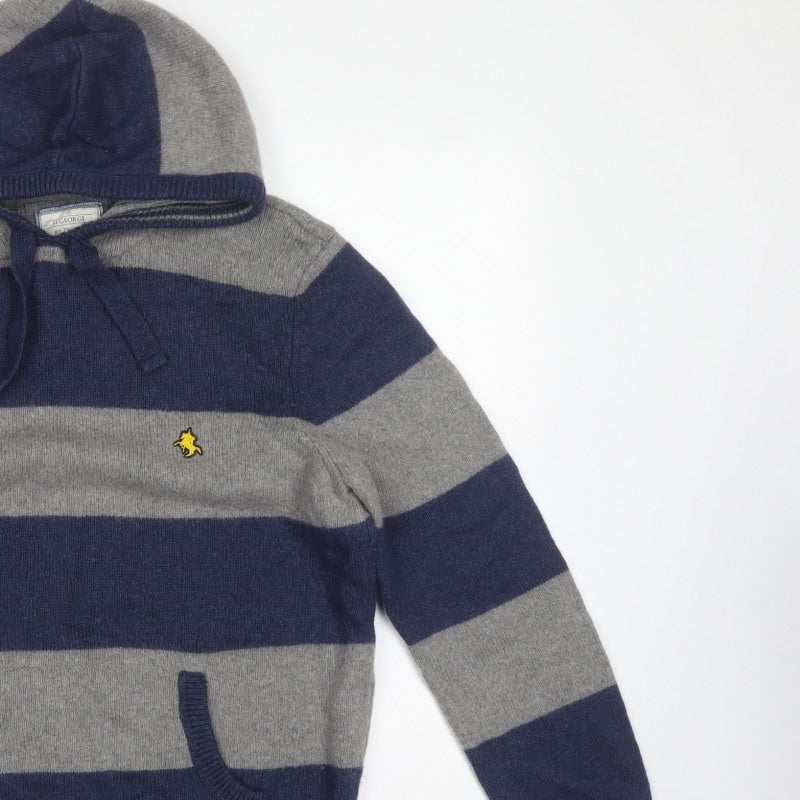 St George by Duffer Men's Blue Grey M Hooded Striped Knit Jumper