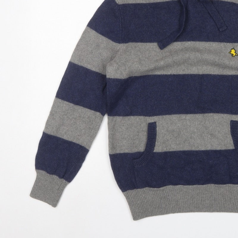 St George by Duffer Men's Blue Grey M Hooded Striped Knit Jumper