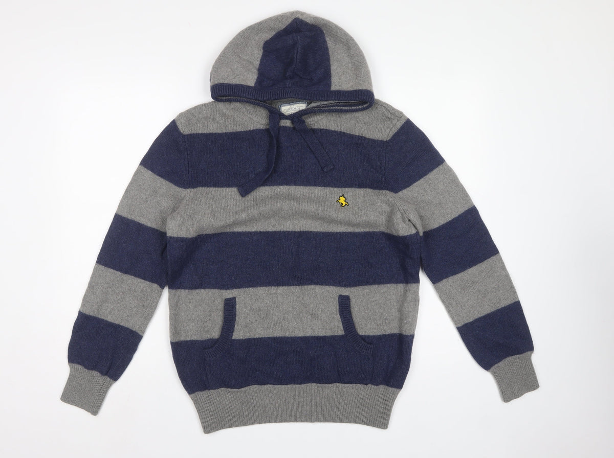 St George by Duffer Men's Blue Grey M Hooded Striped Knit Jumper