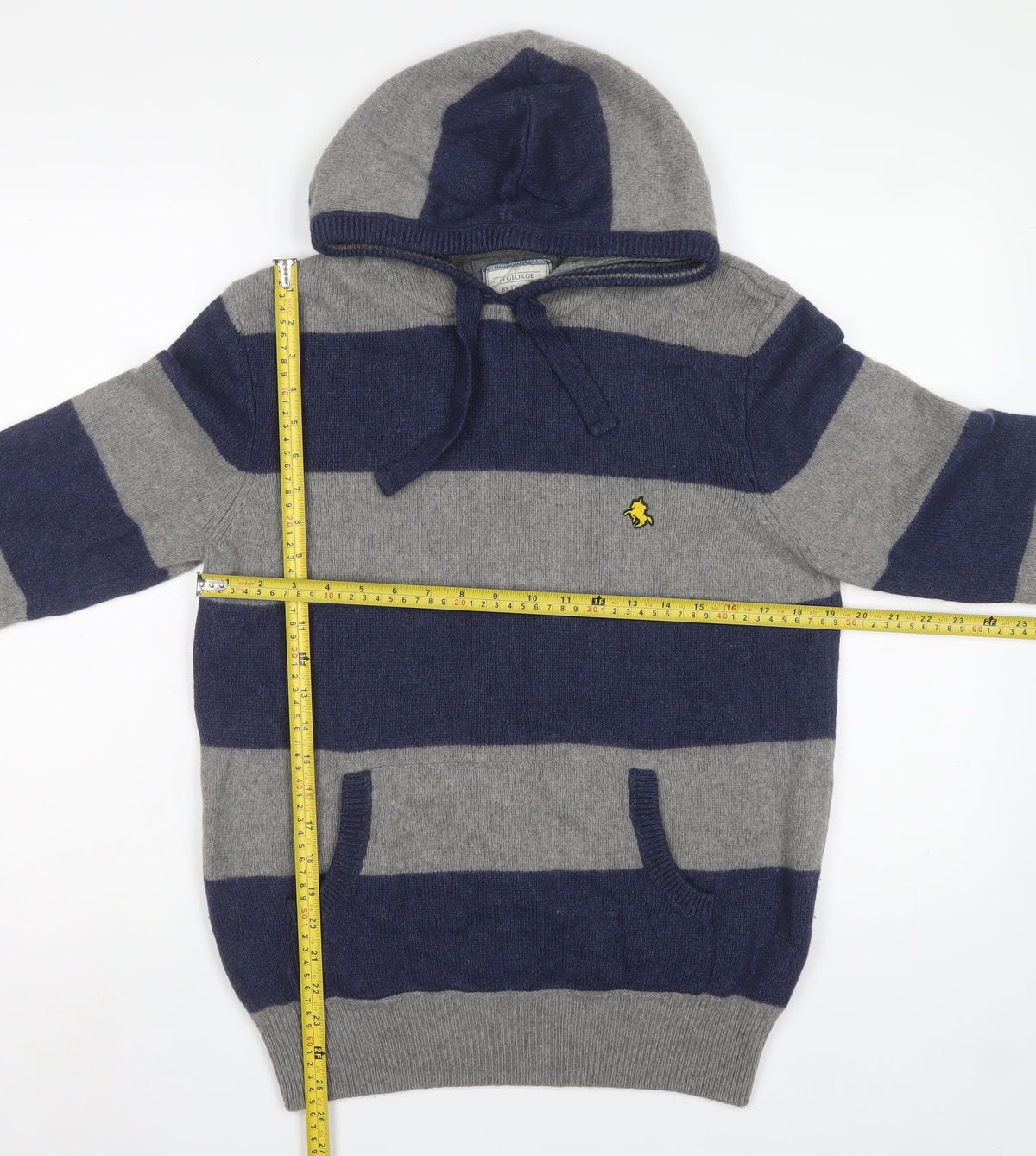 St George by Duffer Men's Blue Grey M Hooded Striped Knit Jumper