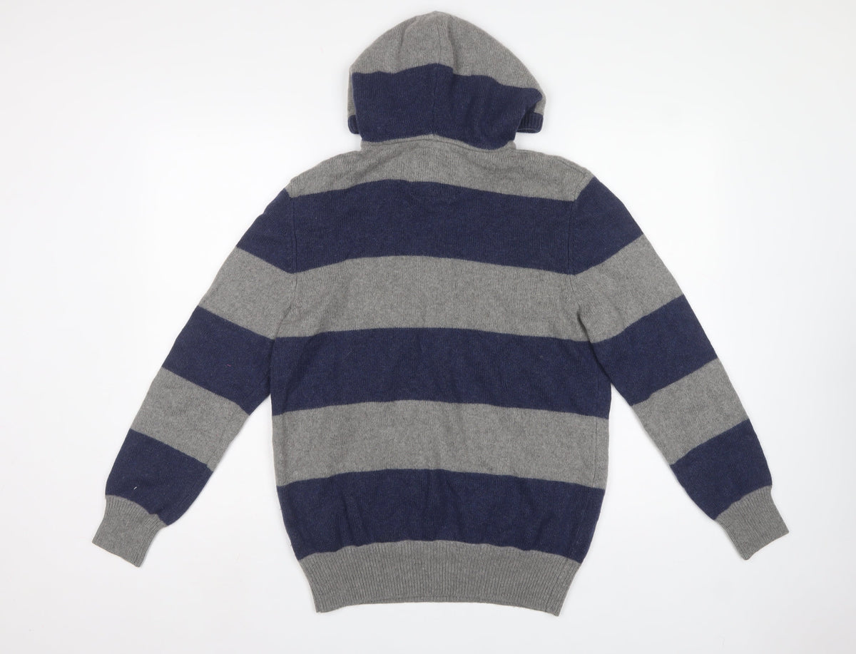 St George by Duffer Men's Blue Grey M Hooded Striped Knit Jumper