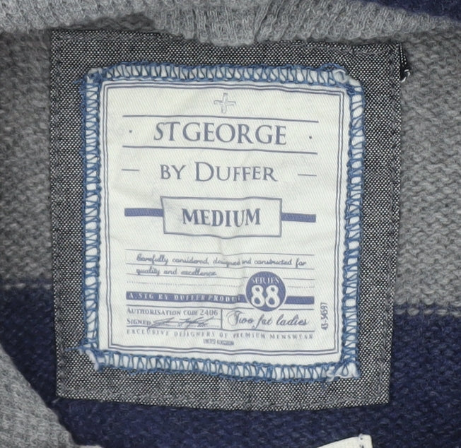 St George by Duffer Men's Blue Grey M Hooded Striped Knit Jumper