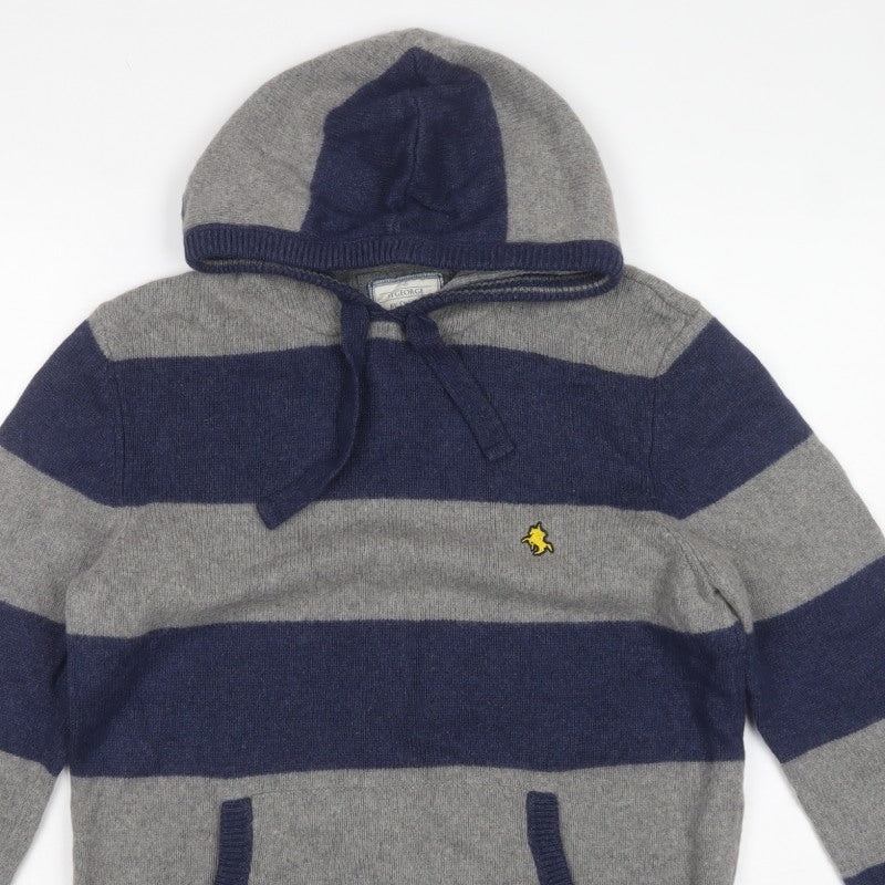 St George by Duffer Men's Blue Grey M Hooded Striped Knit Jumper