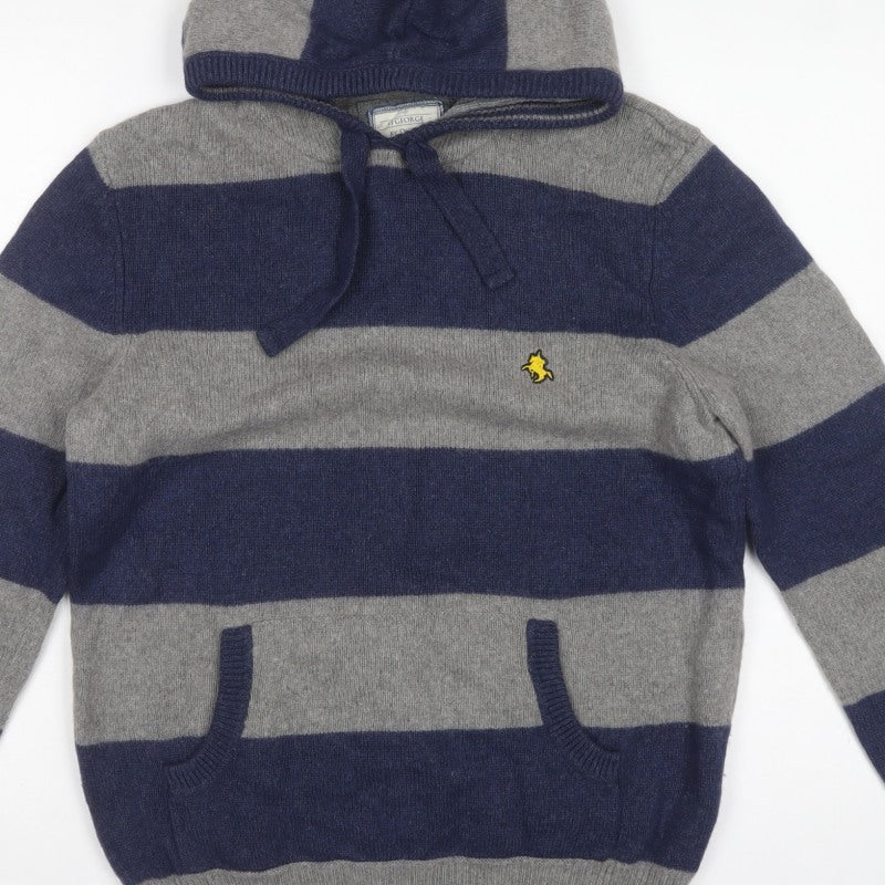 St George by Duffer Men's Blue Grey M Hooded Striped Knit Jumper