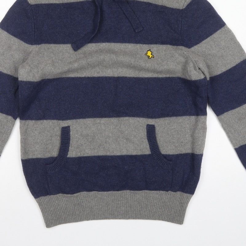St George by Duffer Men's Blue Grey M Hooded Striped Knit Jumper