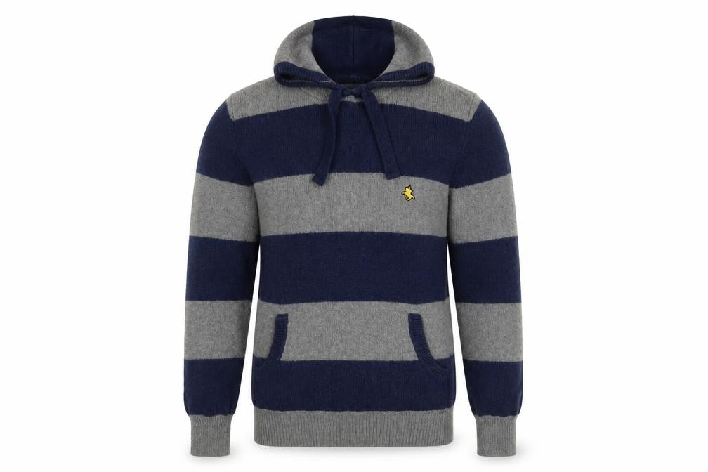 St George by Duffer Men's Blue Grey M Hooded Striped Knit Jumper