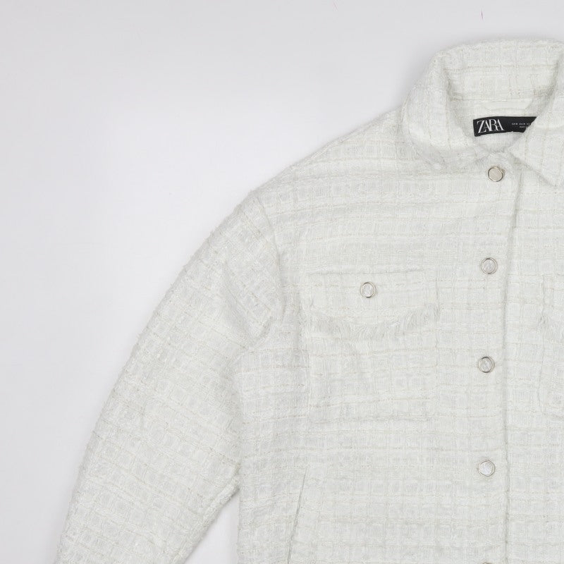 Zara Women White M Textured Tweed Shacket Jacket Snap Button