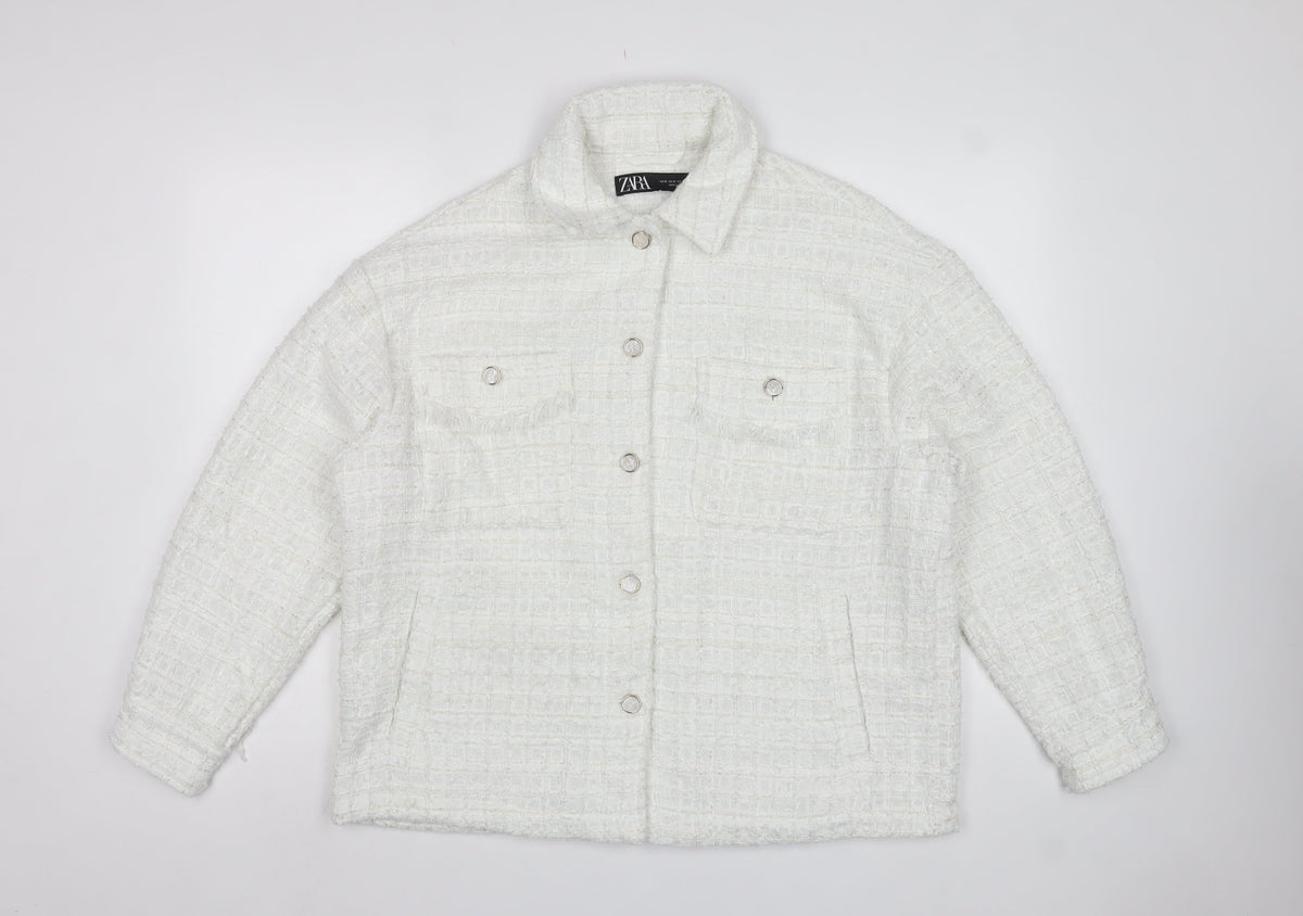 Zara Women White M Textured Tweed Shacket Jacket Snap Button