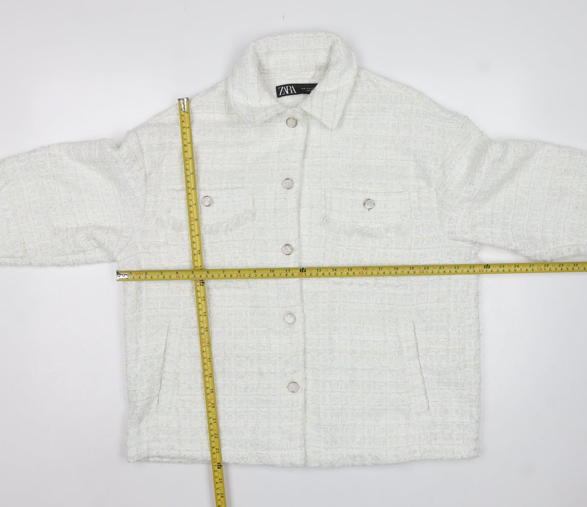 Zara Women White M Textured Tweed Shacket Jacket Snap Button