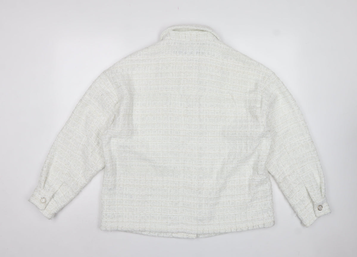 Zara Women White M Textured Tweed Shacket Jacket Snap Button