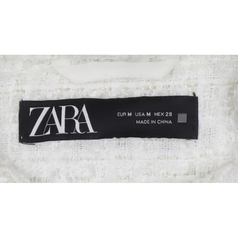 Zara Women White M Textured Tweed Shacket Jacket Snap Button