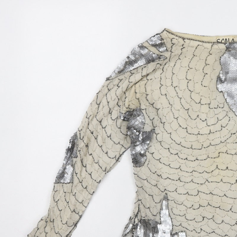 Scala Women Ivory Silver Sequin Beaded 20s Style Long Sleeve Blouse Size S