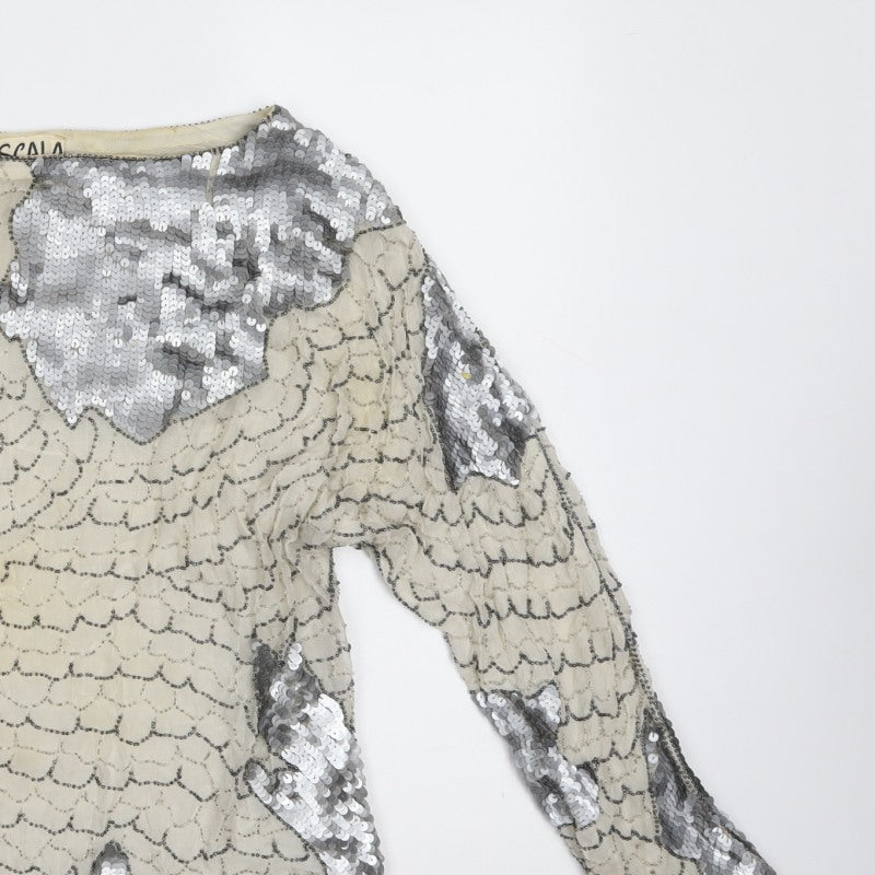 Scala Women Ivory Silver Sequin Beaded 20s Style Long Sleeve Blouse Size S
