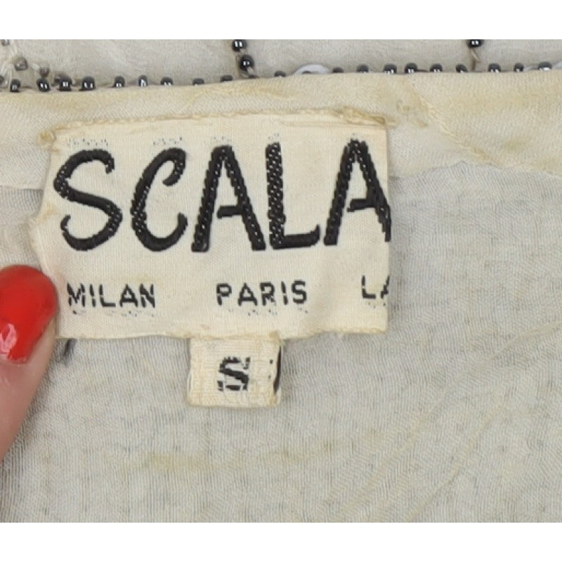 Scala Women Ivory Silver Sequin Beaded 20s Style Long Sleeve Blouse Size S