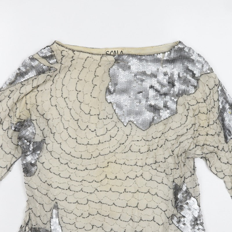 Scala Women Ivory Silver Sequin Beaded 20s Style Long Sleeve Blouse Size S