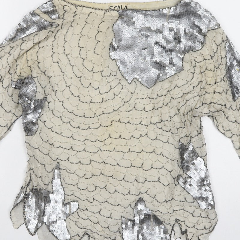 Scala Women Ivory Silver Sequin Beaded 20s Style Long Sleeve Blouse Size S