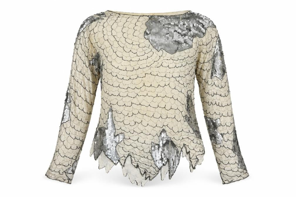 Scala Women Ivory Silver Sequin Beaded 20s Style Long Sleeve Blouse Size S