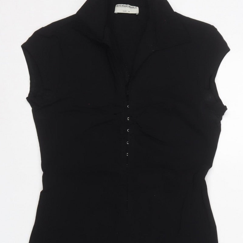 Internationale Women Black UK 10 Maxi Sheath Dress Collared Cap Sleeve
