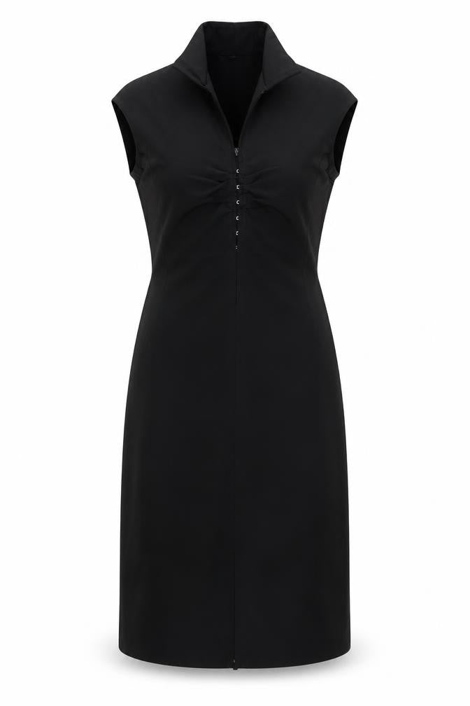 Internationale Women Black UK 10 Maxi Sheath Dress Collared Cap Sleeve