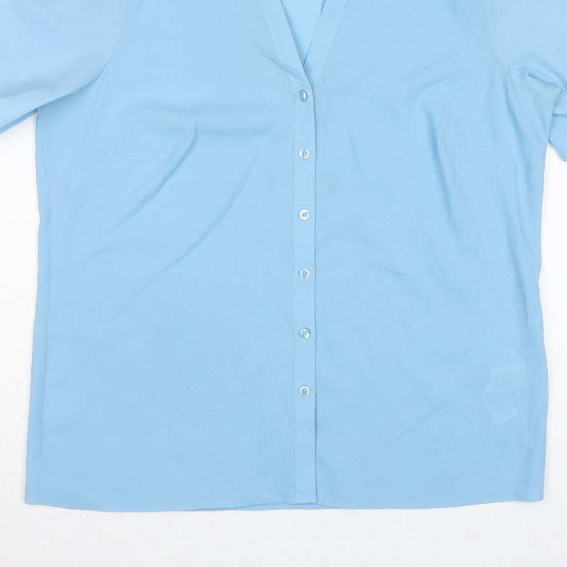 Marks and Spencer Women Blue UK 14 Short Sleeve V-Neck Button-Up Blouse