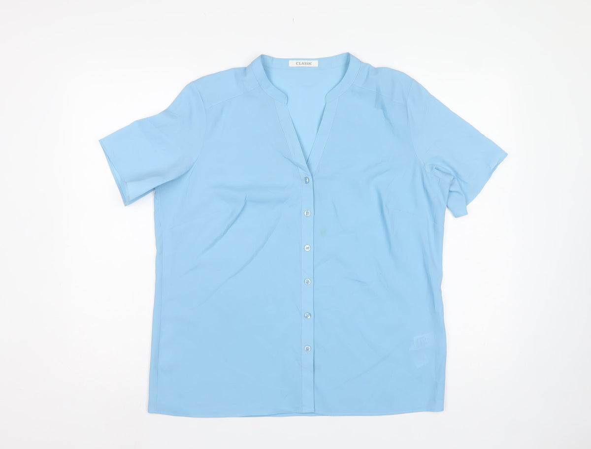 Marks and Spencer Women Blue UK 14 Short Sleeve V-Neck Button-Up Blouse