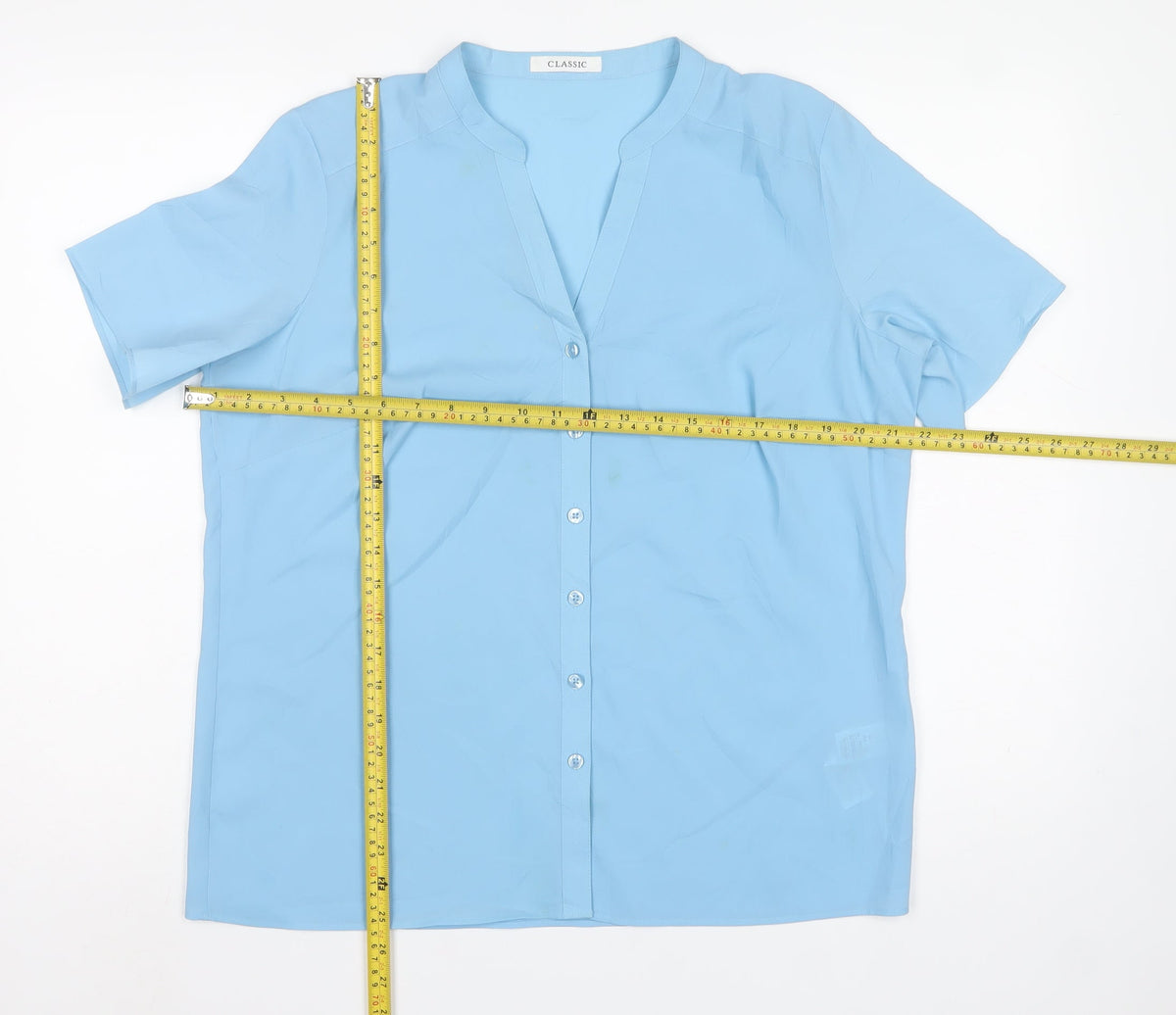 Marks and Spencer Women Blue UK 14 Short Sleeve V-Neck Button-Up Blouse
