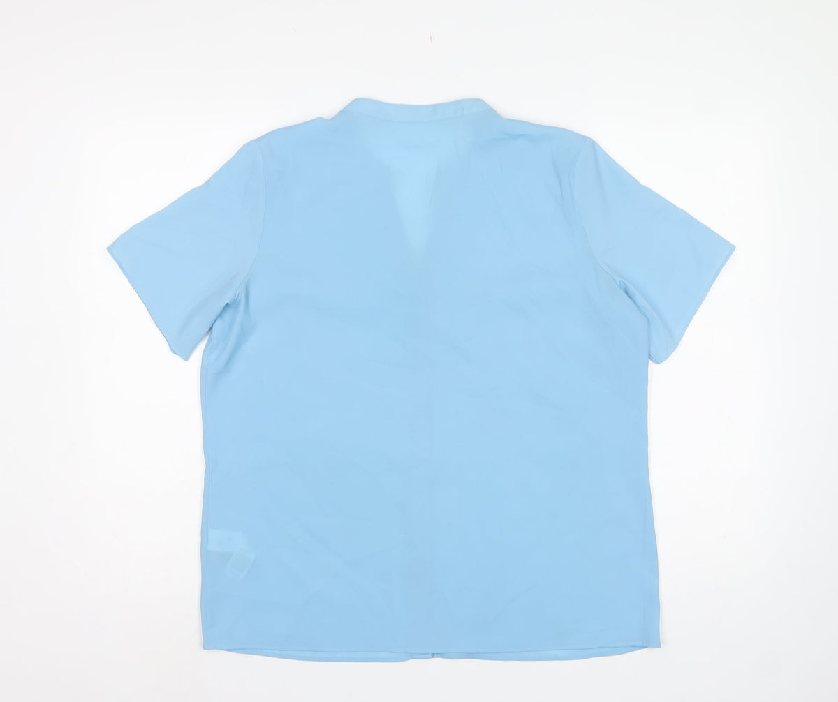 Marks and Spencer Women Blue UK 14 Short Sleeve V-Neck Button-Up Blouse
