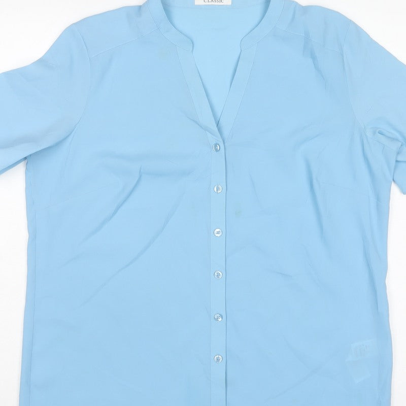 Marks and Spencer Women Blue UK 14 Short Sleeve V-Neck Button-Up Blouse