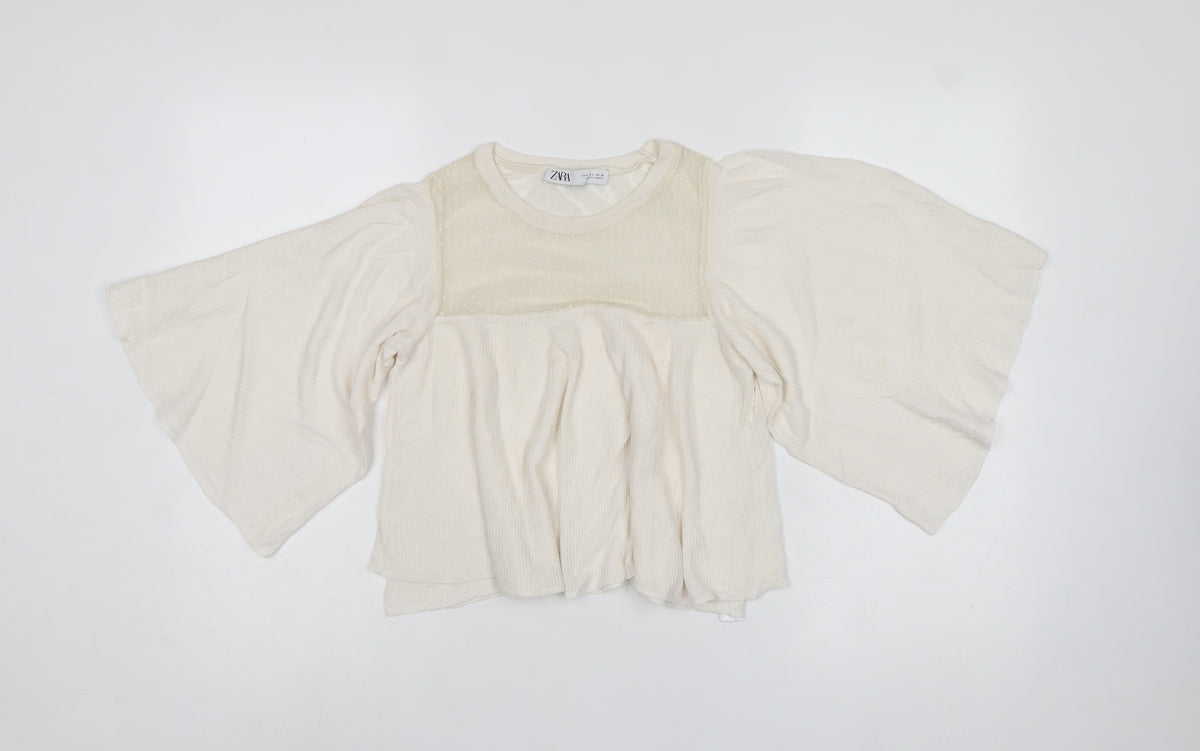 ZARA Women Ivory S Kimono Boho Sheer Dolman Sleeve Blouse